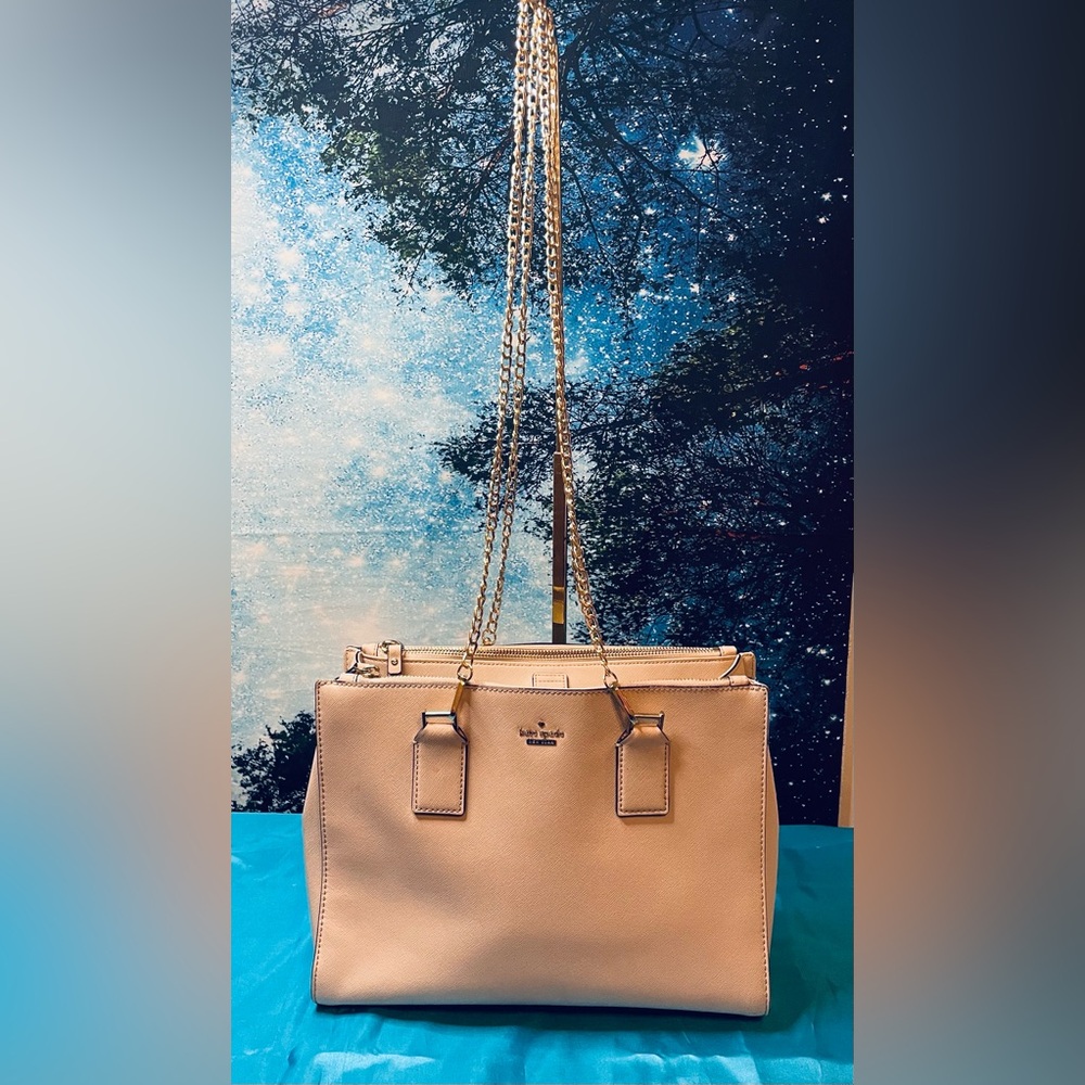 Kate Spade Large Shoulder Bag Beige EUC 3 Big Compartments B & W Striped Lining
